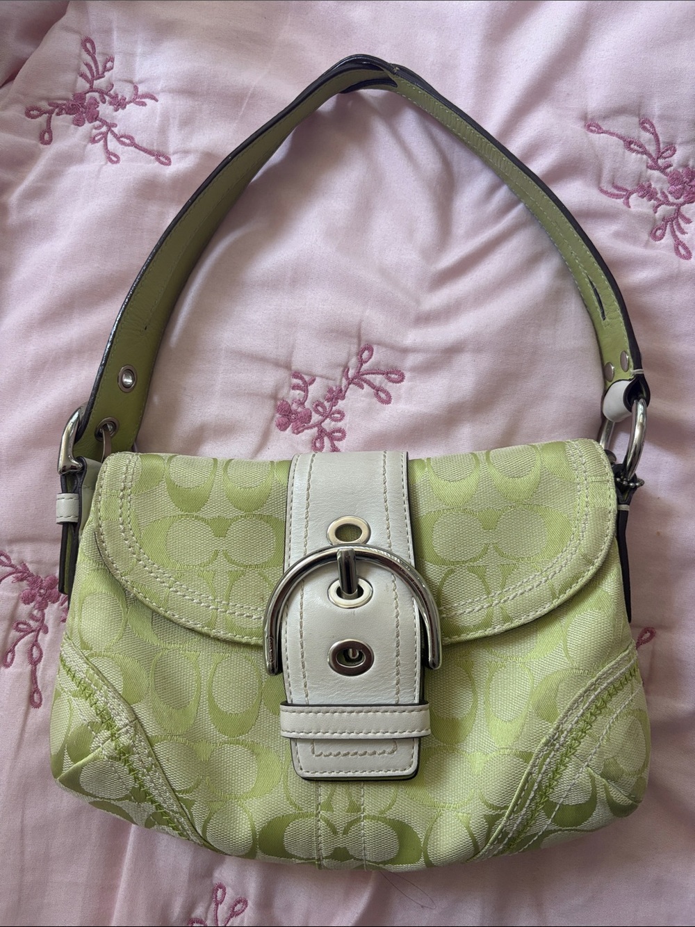 Rare Coach Lime Green Shoulder Bag with White Buckle Trim